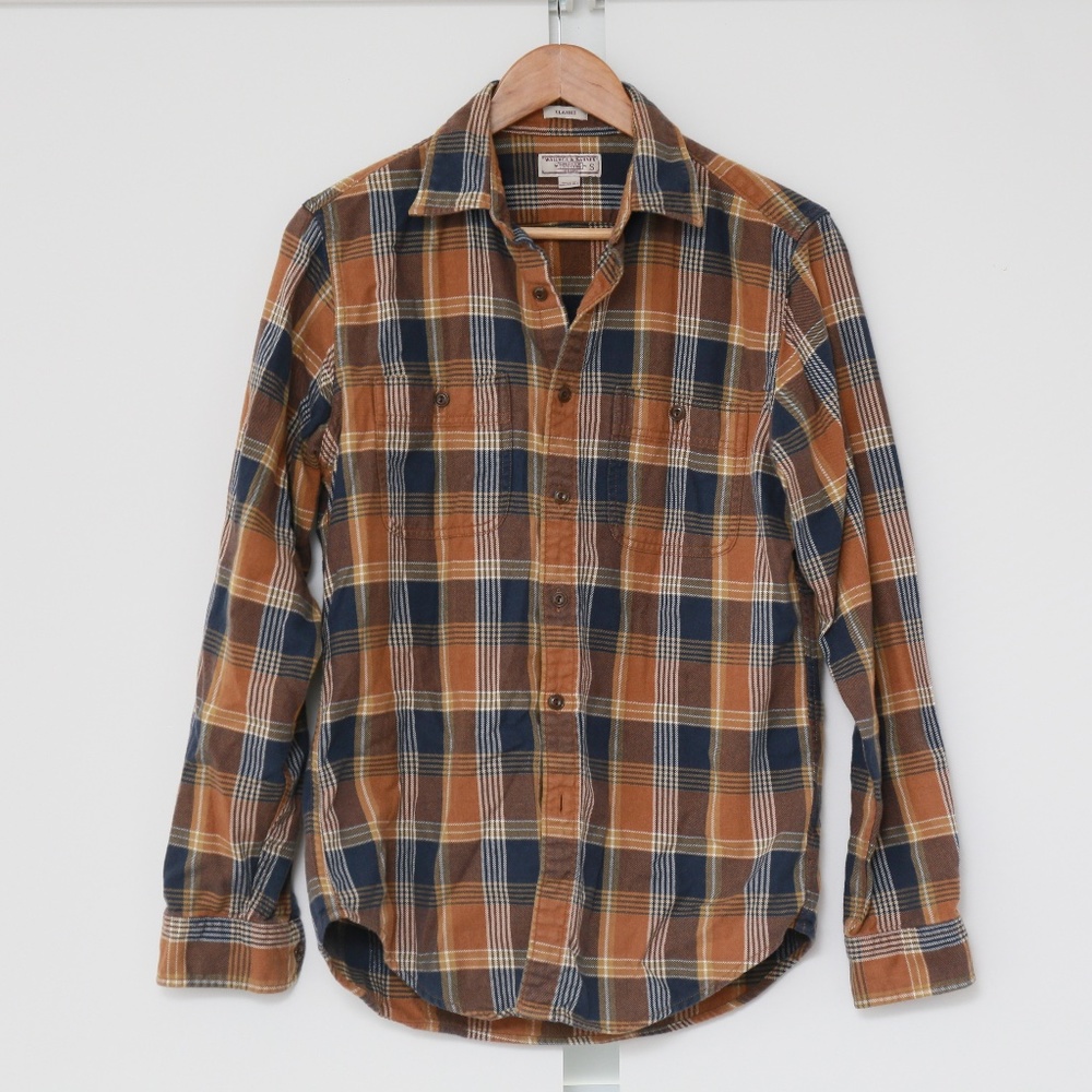 Wallace and Barnes J Crew tan plaid flannel size small classic fit work shirt